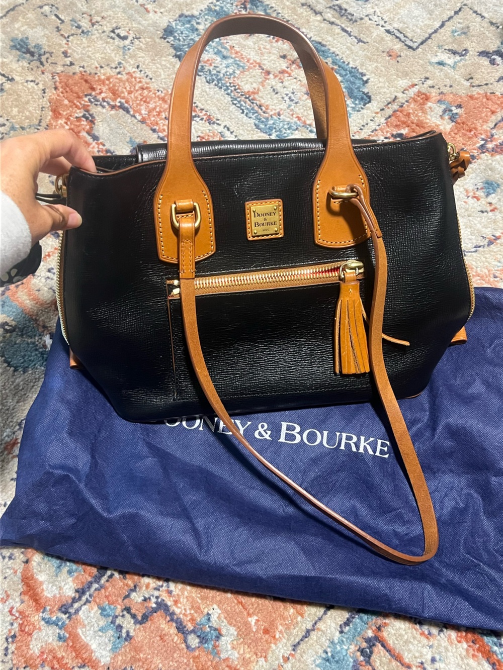 Dooney & Bourke Morgan Black Leather Satchel with Tan Trim and Tassel